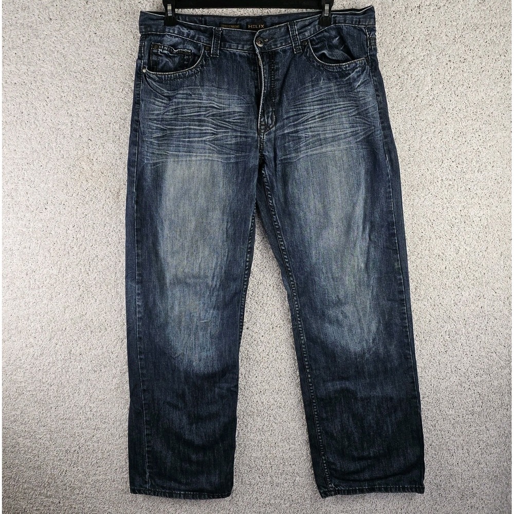 Helix Loose Straight Leg Jeans  Dark Wash Whiskered Denim Embroidered Mens 36x32